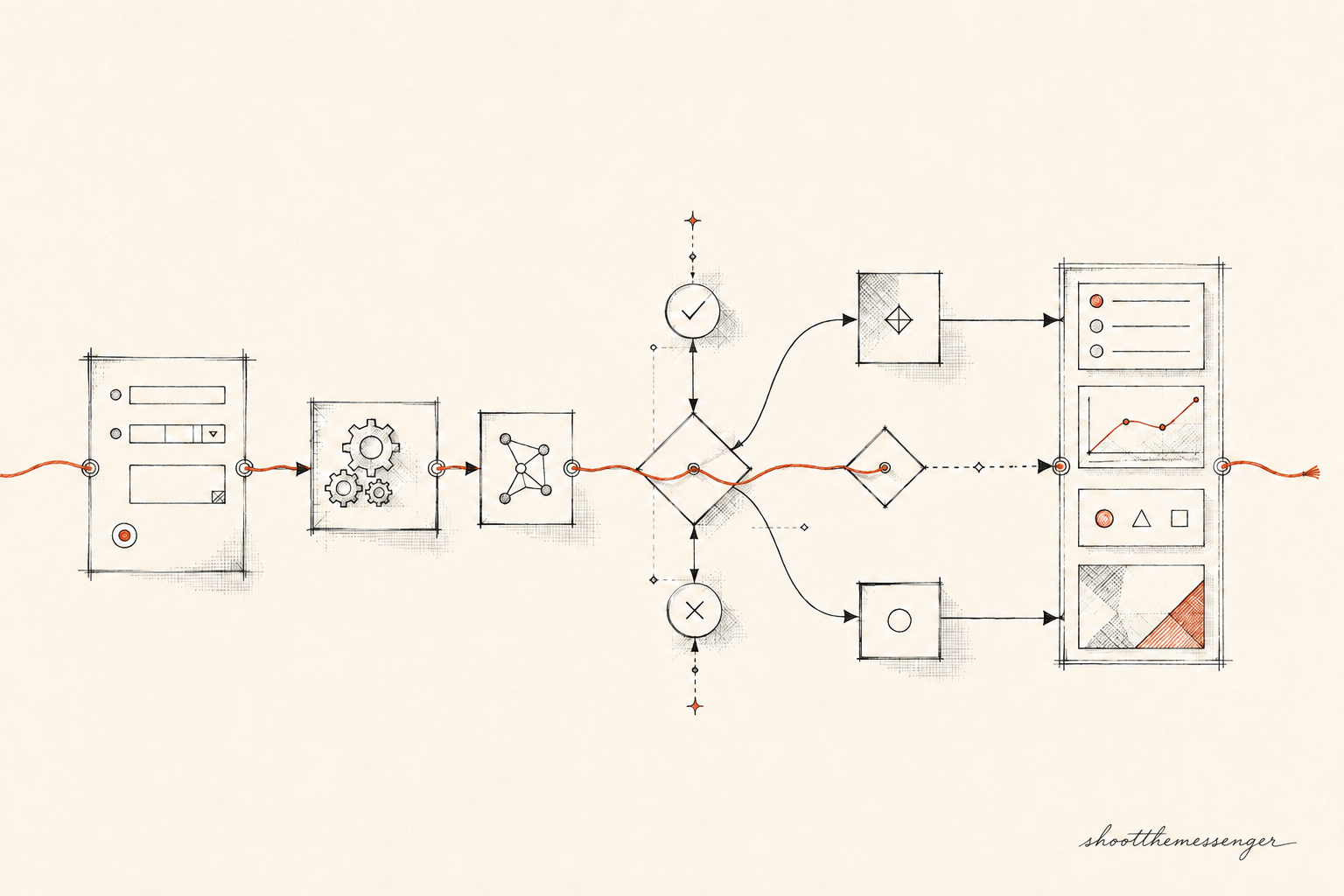 Pen and ink software flow diagram with an orange request path, signed shootthemessenger.